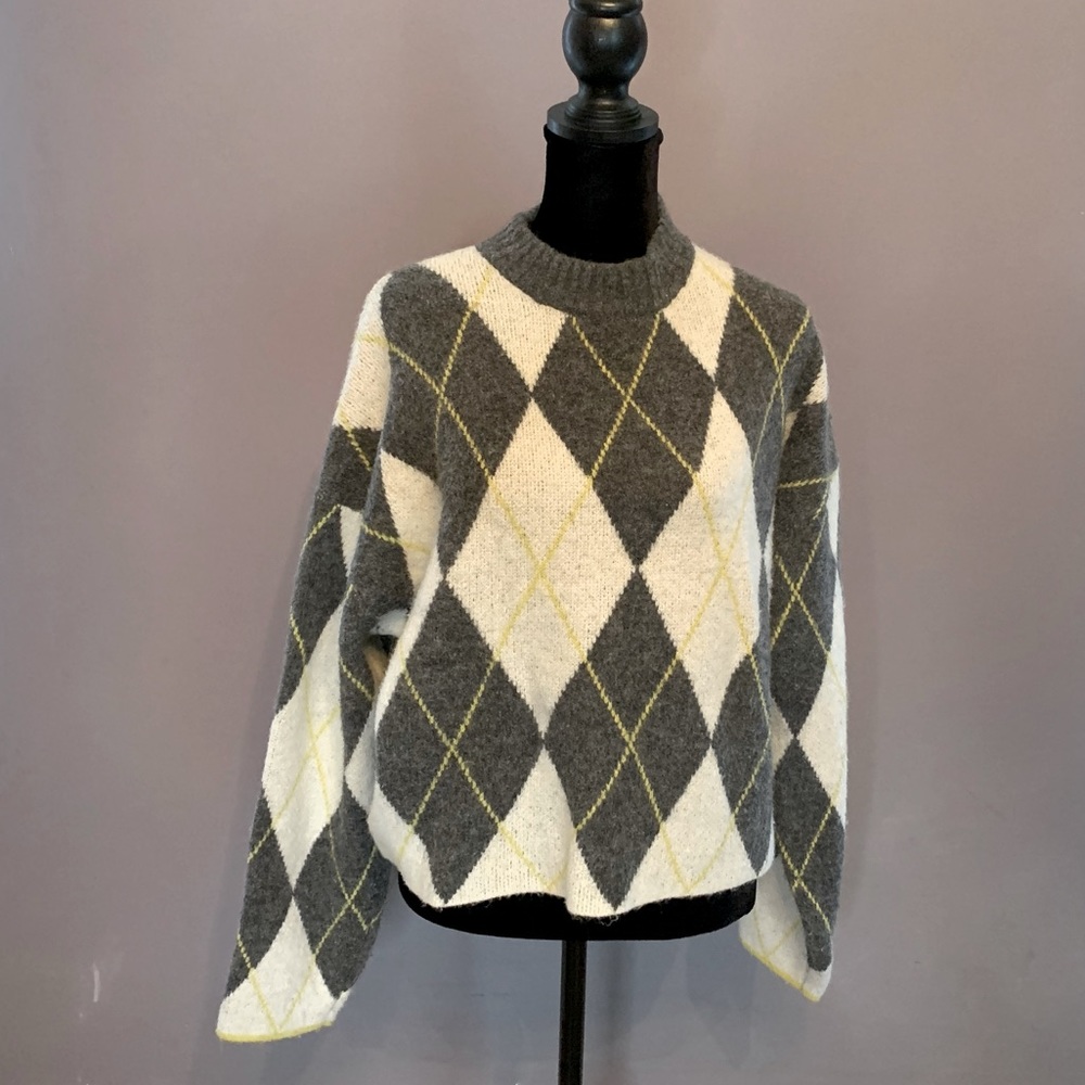 Pringle Of Scotland H&M Women’s Size S Gray Cropped Pullover Sweater Argyle Top